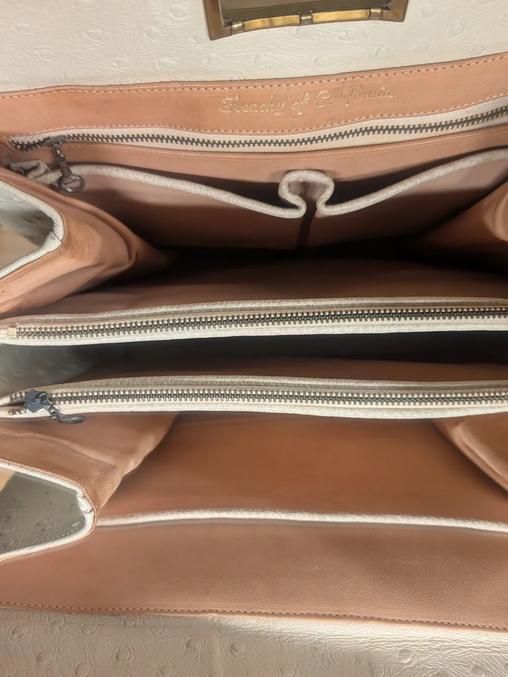 Vintage Frenchy Of California Cream Ostrich-Embossed Laptop Tote Bag